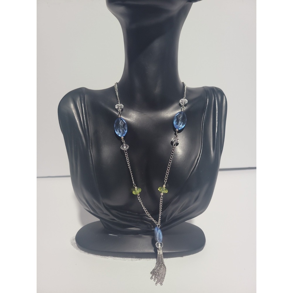 Blue Green Faceted Bead Long Tassel Necklace Silver Tone Station Statement